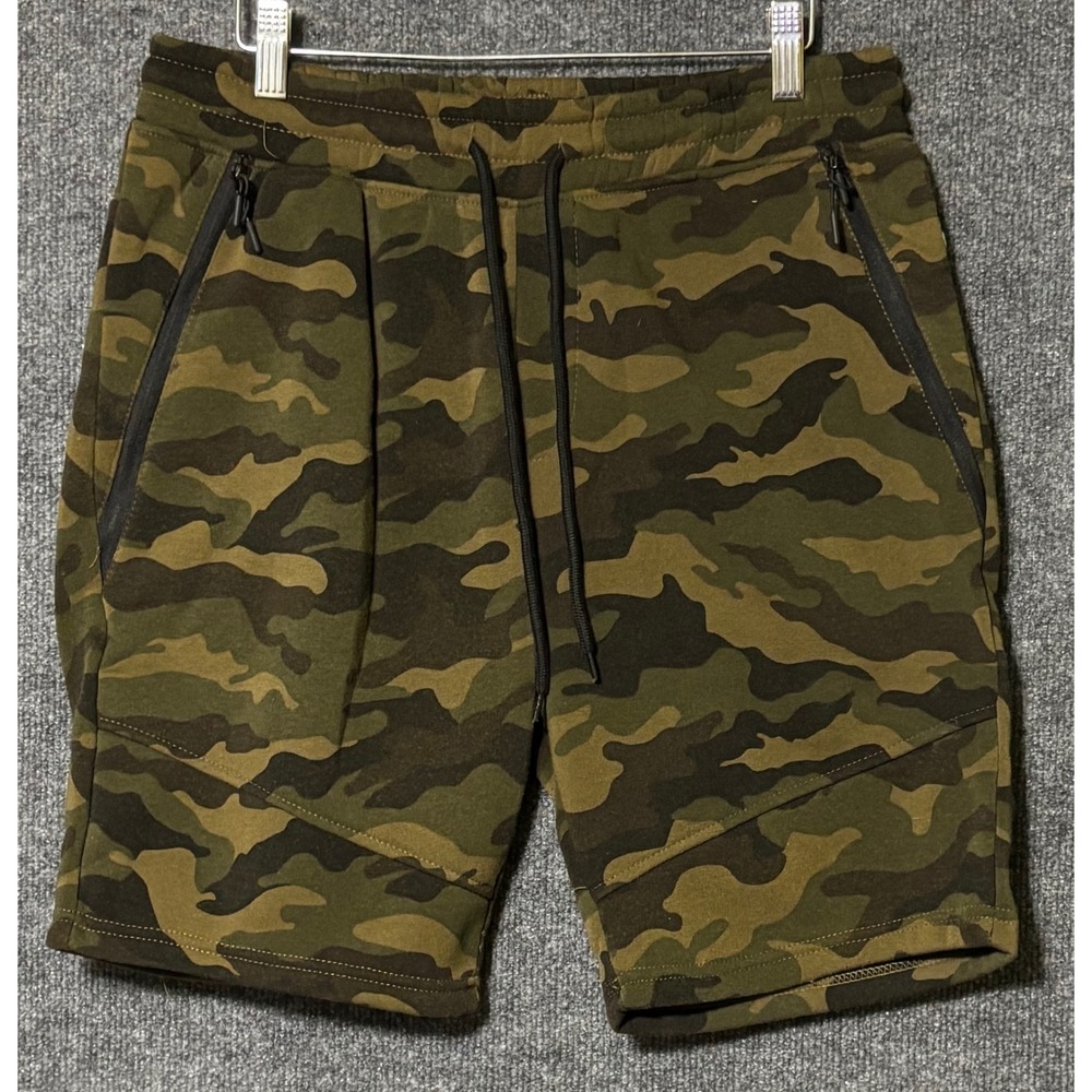 Brooklyn Cloth Mens Medium Knit Shorts Green Camo Drawstring Zipper Pockets